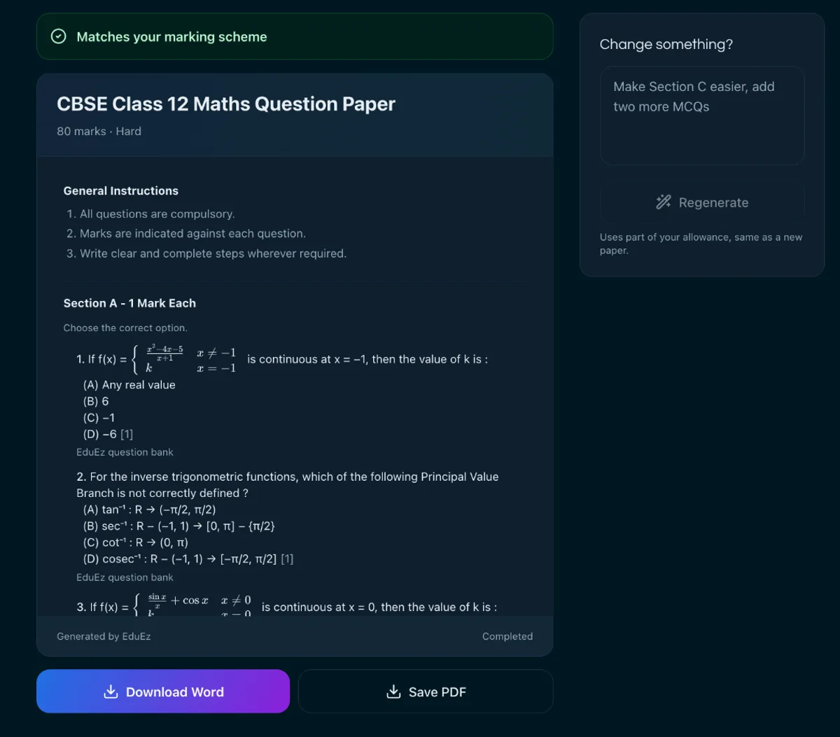 EduEz showing a generated CBSE Class 12 Maths question paper, 80 marks, hard difficulty, with a note that it matches the marking scheme and buttons to download it as Word or PDF