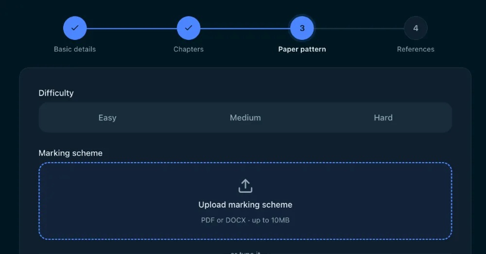 The EduEz paper pattern step: choose easy, medium or hard difficulty, and upload or type a marking scheme